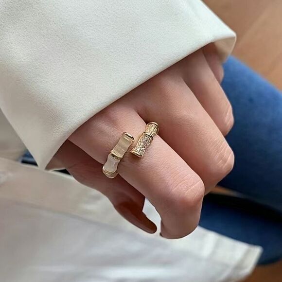 Geometric Bamboo Shaped Ring with Opal  Gemstone Adjustable - Picture 6 of 7